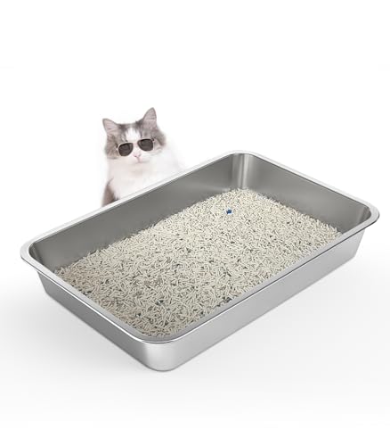 WENBOKMIN Stainless Steel Cat Litter Box, 4in Shallow Litter Box for Senior Cats and Kittens, Extra Large Metal Litter Pan Nonstick Odor Control Anti-Corrosion - size: 24" L x 16" W x 4" H