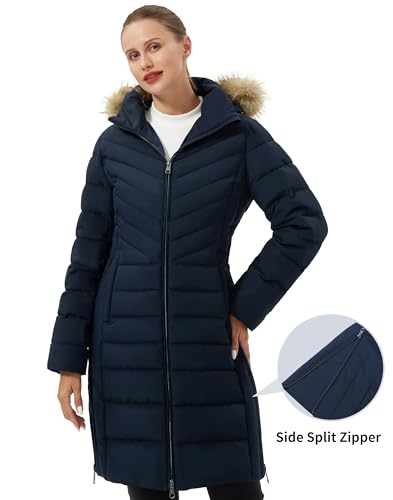Pioneer Camp Women's Winter Coats Warm Thicken Long Puffer Jacket Waterproof Quilted Parka with Removable Faux Fur Hood - color: Navy Blue, size: Small