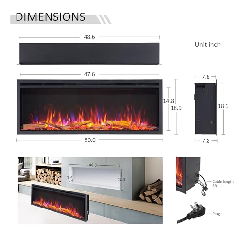 LegendFlame 50" W Smart Wall Mount & in Wall Recessed Electric Fireplace Insert, Heater 750W/1500W, Multi Colors of Flame & Fuel Bed, Alexa/Google Assistant Enabled - size: 50" DEEP