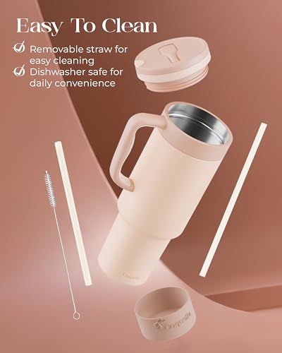 40 oz Insulated Tumbler with Handle and Push-Button Straw Lid, Stainless Steel Travel Cup for Gym Office, Leakproof, BPA-Free, Cup Holder Friendly, Bow Silicone Boot, Beige (Cream Latte) - color: Cream Latte