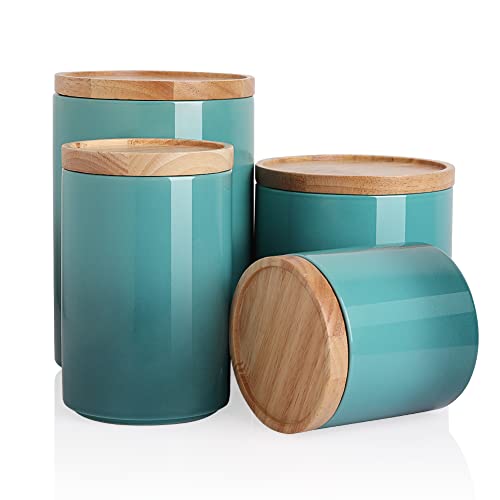 Sweejar Kitchen Canisters Ceramic Food Storage Jar Set, Stackable Containers with Airtight Seal Wooden Lid for Serving Ground Coffee, Tea, Herbs, Grains, Sugar, Salt - Set of 4 (Gradient Blue) - color: Gradient Blue, style: 16/28/39/58 Fl Oz (Set of 4)