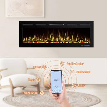 45" WiFi Electric Fireplace Inserts, Recessed and Wall Mounted Fireplace Heater W/Adjustable Flame Color & Brightness, Thermostat, 9H Timer, App and Remote Control, 750/1500W - size: 45" WiFi