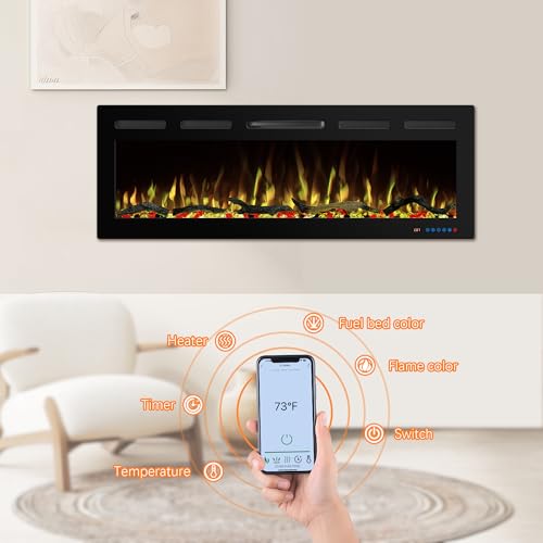 50" APP Electric Fireplace, Wall Mounted & Insert Electric Fireplace, Adjustable Flame Colors, 5 Brightness, 1-9H Timer, Thermostat, 750w/1500w, Balck - size: 50"