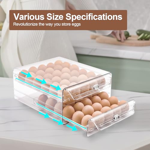 Egg Holder for Refrigerator,60 Eggs Clear Drawer Organizer,2 Layer Stackable Egg Holder Egg Trays,Egg Storage Container with Time Scale for Fridge Countertop Cabinet - size: 60 eggs