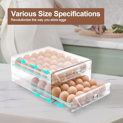 Egg Holder for Refrigerator,60 Eggs Clear Drawer Organizer,2 Layer Stackable Egg Holder Egg Trays,Egg Storage Container with Time Scale for Fridge Countertop Cabinet - size: 60 eggs