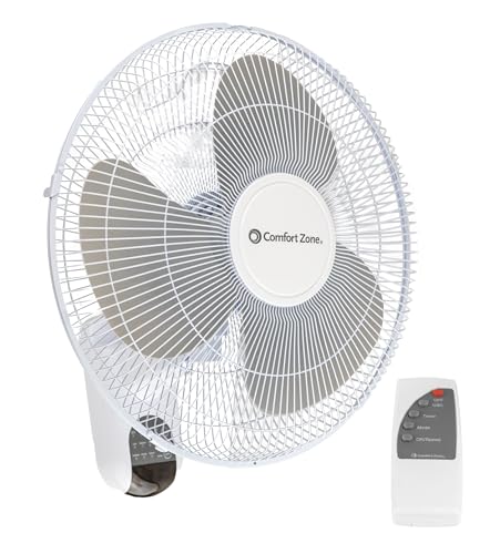 Comfort Zone 16-Inch Fan with Remote Control – Quiet 3-Speed Oscillating Indoor Fan with 90° Wide-Angle Airflow, Timer & Sleep Modes – Space-Saving Wall Fan for Bedroom, Home Gym & Office, White - style: 16" with Remote