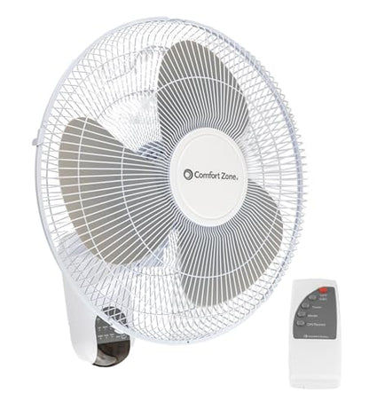 Comfort Zone 16-Inch Fan with Remote Control – Quiet 3-Speed Oscillating Indoor Fan with 90° Wide-Angle Airflow, Timer & Sleep Modes – Space-Saving Wall Fan for Bedroom, Home Gym & Office, White - style: 16" with Remote