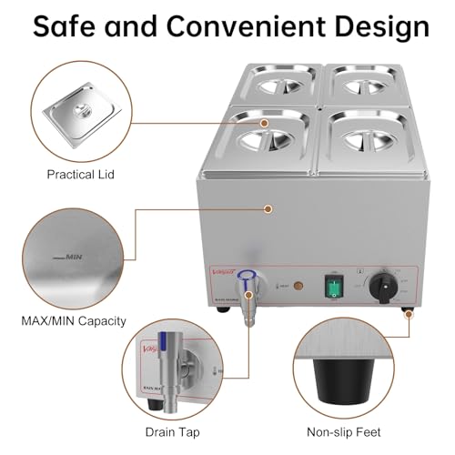Valgus Commercial Stainless Steel 4 Sections Bain Marie Food Warmer 16 Qt | Buffet Server with Lid and Tap, 900W Power, 86-185°F Range, Dry Burn Protection, Suitable for Both Commercial Use and Home - size: 4 Sections with Tap