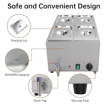 Valgus Commercial Stainless Steel 4 Sections Bain Marie Food Warmer 16 Qt | Buffet Server with Lid and Tap, 900W Power, 86-185°F Range, Dry Burn Protection, Suitable for Both Commercial Use and Home - size: 4 Sections with Tap