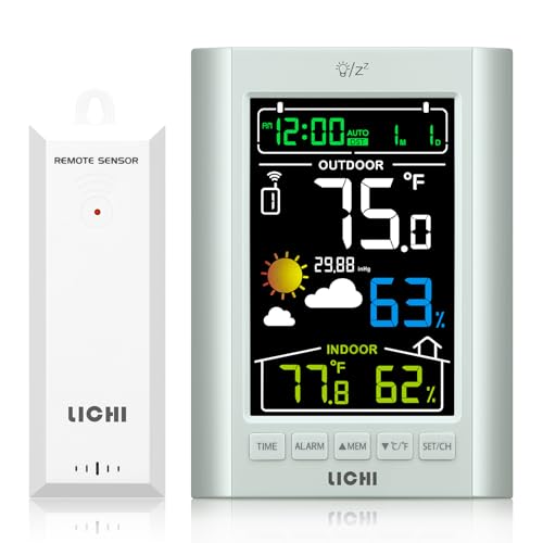 Weather Station Wireless Indoor Outdoor Thermometer， Inside Outside Temperature Humidity Monitor，with 330ft Range Sensor and Adjustable Backlight (Grey) - color: Grey