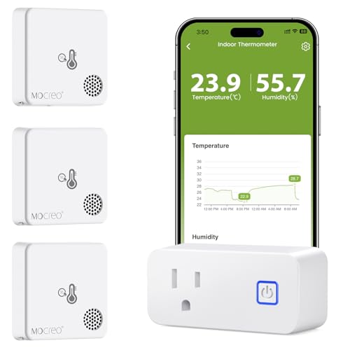 MOCREO WiFi Room Thermometer Hygrometer, Remote Email App Alert, 2 Years Data Export, 2 Years Battery, No Subscription, 3 Smart Temperature Sensors for RV, Greenhouse, Vacation Home, HVAC - style: 3 sensors + H3 hub