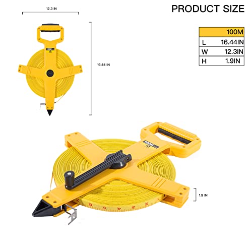 Open Reel Fiberglass Tape Measure, 330 Foot Tape Measure by 1/2-Inch, Inch/Metric Scale for Engineer,Outdoor, Athletic Field, Impact Resistant ABS Shell (330FT/100M - size: 100 m