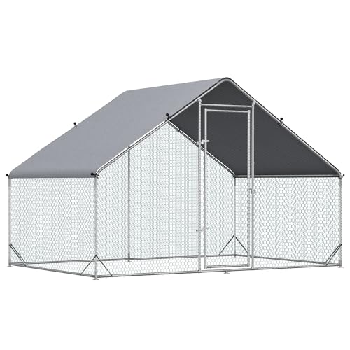 Walk-in 9.8Lx6.6Wx6.6Hft Galvanized Outdoor Chicken Pen with Reinforced FFor rame Lockable Mesh Door UV-Protective Cover Silver