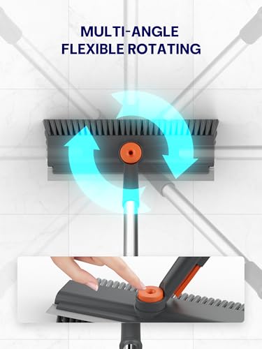 Floor Scrub Brush with Long Handle, 3 in 1 Multi-angle Swivel Right Angled Bristle Floor Scrubber Brush with Squeegee and Tweezer for Cleaning Tile Wall Deck Bathroom Patio Garage Kitchen (Grey) - color: Gray