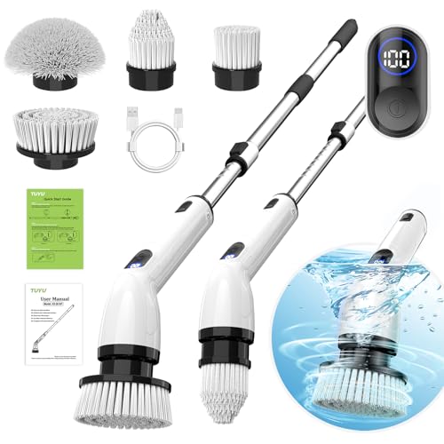 TUYU Electric Spin Scrubber,IPX7 Full-Body Waterproof Cordless Cleaning Tool, LCD Battery Indicator, Adjustable Extension Handle, 90-Minute Runtime for Bathroom, Kitchen, Glass, Car - color: Black