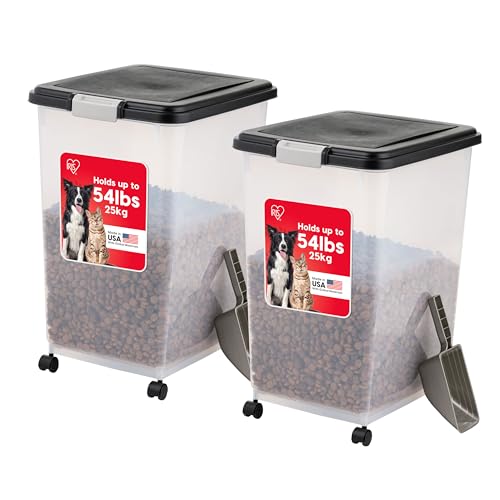 IRIS USA Airtight Dog Food Storage Container, Up to 54 lbs, Attachable Wheels, For Dog Cat Bird and Other Pet Food Storage Bin, Keep Fresh, Translucent Body, Easy Mobility, 2 Pack, Black - color: Black, size: 54 lbs - 2 Pack