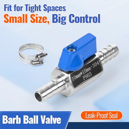 3/8" Hose ID Barb Ball Valve, 304 Stainless Steel Dual 10mm Barb Mini Heater Hose Shut Off Valve with Clamps for Fuel, Gas & Water Lines - size: 3/8 Inch