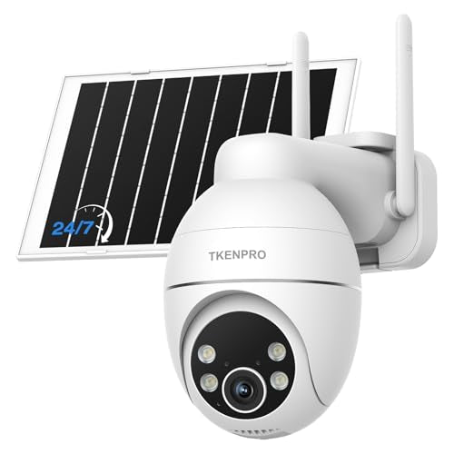 TKENPRO Solar Security Cameras Wireless Outdoor, 2.4GHz Wi-Fi, 24/7 Continuous Recording, Human Auto Tracking, Outdoor Camera Wireless with 2K Color Night Vision, 360° Panoramic View