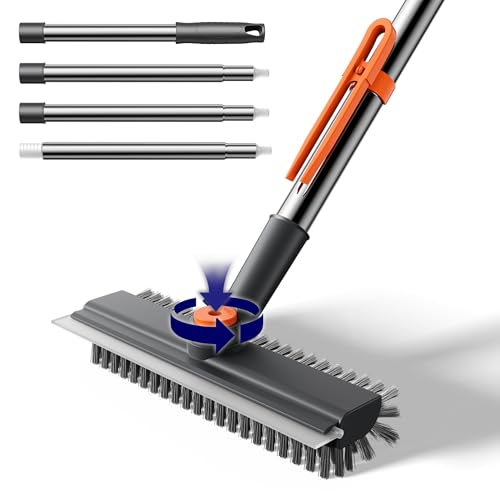 Small Floor Scrub Brush with Length Adjustable Long Handle, 3 in 1 Heavy-Duty Stiff Bristle Scrubber Brush with Squeegee and Tweezer for Cleaning Bathroom, Tile, Deck, Patio, Garage and Kitchen - color: Grayorange