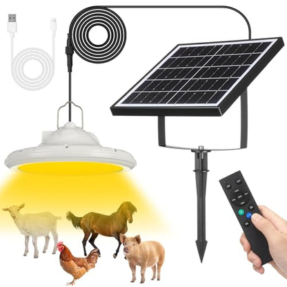 Solar Chicken Coop Light with Remote & Timer, Dusk to Dawn Hanging Pendant Light for Shed Barn Farm Poultry, Dual Charge(solar & USB), Waterproof Dimmable LED Ceiling Lamp with 14.7ft Cord