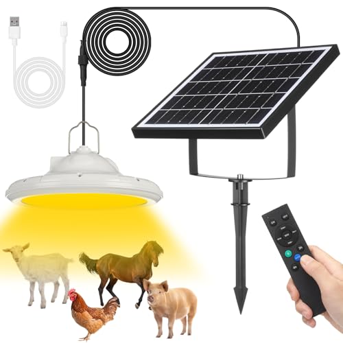 Solar Chicken Coop Light with Remote & Timer, Dusk to Dawn Hanging Pendant Light for Shed Barn Farm Poultry, Dual Charge(solar & USB), Waterproof Dimmable LED Ceiling Lamp with 14.7ft Cord