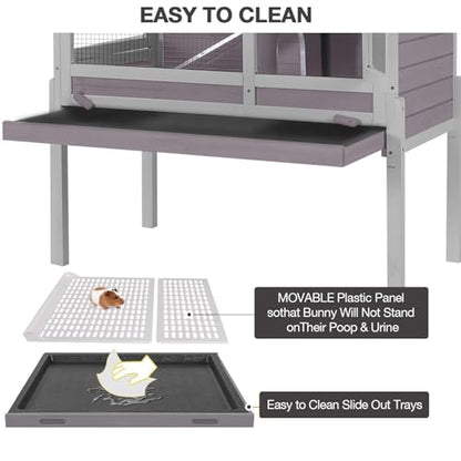 Wooden Guinea Pig Cages Indoor with Plastic Floor and Pull Out Tray, Two-Story Rabbit Cage with Anti-Chewing Ramp, Bunny Hutch with Detachable Stand, Small Animals Cage Habitat (Grey) - color: Grey