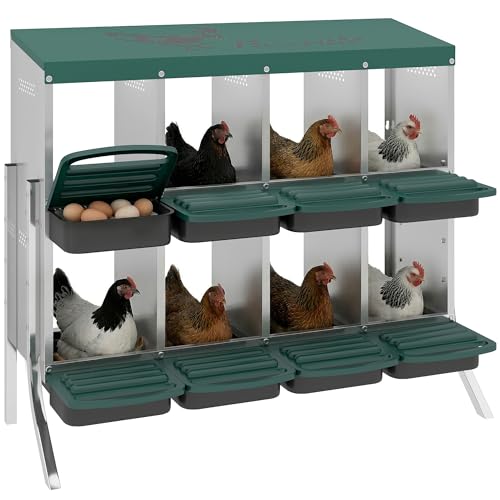 PawHut Chicken Nesting Boxes, 8 Compartment Metal Nesting Boxes for Chickens, Two-Tier Egg Laying Boxes with Vented Holes for Easy Egg Collection, for Hens Ducks, Silver - size: 43.7"L x 21.7"W x 37.6"H, style: Open Front