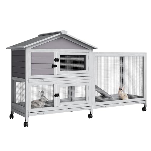 Rabbit Cage with Ramp & Waterproof Roof, Bunny Hutch for Indoor/Outdoor, 2-Story Design, Rabbit Hutch with 6 Lockable Caster Wheels & Three Pull-Out Trays（63.2" l x 22.4" w x 37"）