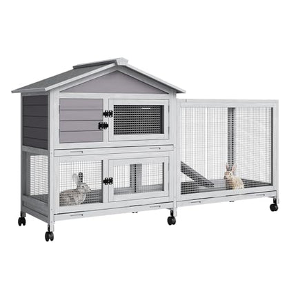 Rabbit Cage with Ramp & Waterproof Roof, Bunny Hutch for Indoor/Outdoor, 2-Story Design, Rabbit Hutch with 6 Lockable Caster Wheels & Three Pull-Out Trays（63.2" l x 22.4" w x 37"）