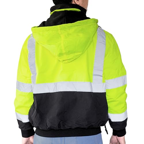 North 15 Men's High Visibility Reflectrd Hooded Safety Bomber Jacket, Fleece Lined - color: Yellow - Black, size: Large