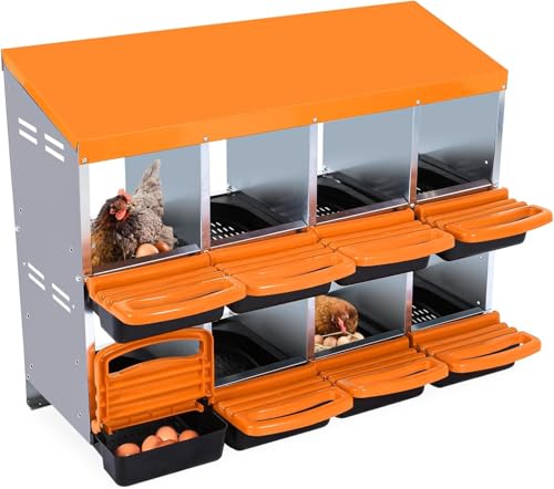 Hetoy Chicken Nesting Box with Roll Out Egg Collection, Metal Multi Compartment Hen Laying Box w/Ventilation & Resting Platform, Wall Mounted/Floor Rollaway Nesting Boxes for Laying Eggs - color: Orange without stand, size: 8 Compartment