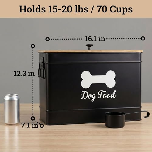 Dog Food Container Airtight 15-20 lb (70 Cup) Capacity with Metal Scoop - Cute Airtight Dog Food Storage Container with Bamboo Lid - Black Metal Kibble Storage Bin for Dogs up to 100 lbs - Big Pet Jar - color: Black