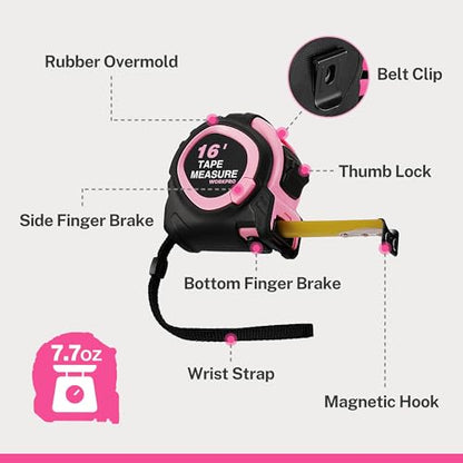 WORKPRO 16-FT Tape Measure with Fractions, 3 Brakes Retractable Measuring Tape, Compact Measurement Tape with Magnetic Hook, Nylon Coating Blade Accuracy 1/32”, Pink - style: 16-FT
