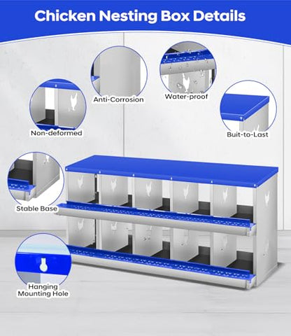 Garvee Chicken Nesting Box, 10 Compartment Metal Nesting Box,Wall Mount Chicken Nesting Boxes for Laying Eggs,Easy Egg Collection,10 Room Nest Boxes for Chickens - size: Blue 10 Compartment