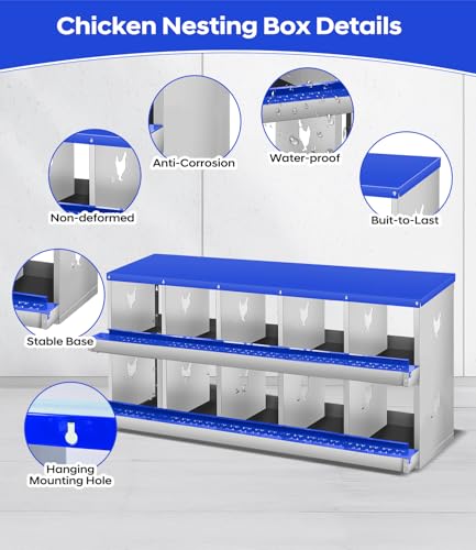Garvee Chicken Nesting Box, 10 Compartment Metal Nesting Box,Wall Mount Chicken Nesting Boxes for Laying Eggs,Easy Egg Collection,10 Room Nest Boxes for Chickens - size: Blue 10 Compartment