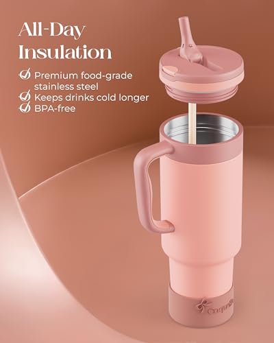 40 oz Insulated Tumbler with Handle and Push-Button Straw Lid, Stainless Steel Travel Cup for Gym Office, Leakproof, BPA-Free, Cup Holder Friendly, Bow Silicone Boot, (Peach Roasted) - color: Peach Roasted