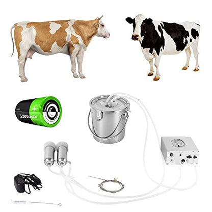 3L Cow Electric Milking Machine, Automatic Rechargeable Battery Powered Pulsation Vacuum Pump with 2 Teat Cups Stainless Steel Bucket for Goat(Battery Model) - color: Cow, size: 3LBattery