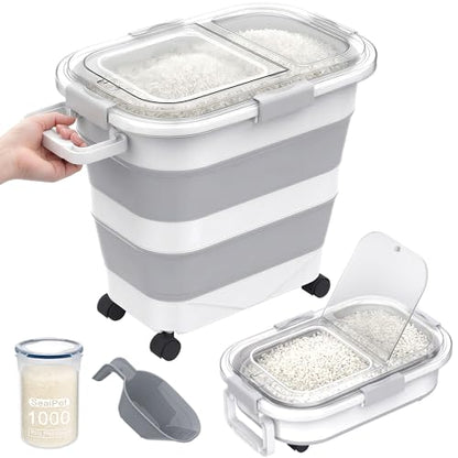 25-35Lbs Rice Container,Collapsible Food Storage Containers with Transparent Airtight Lid,Wheels,Rice Storage Container with Small Bin and Scoop,Rice Dispenser for Flour Sugar Cereal Grain Dog Cat - color: Clear/25-35lbs