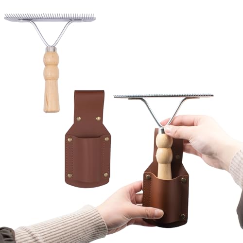 Leather Show Comb Holder and Mini Fluffer Comb Set, Livestock Show Comb Grooming Tool Holder with Metal Comb for Horse, Cattle, Dog, Cat, Goat