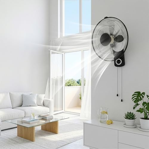 Winado 16 inch Oscillating Wall Mount Fan, Quiet 3-Speed Indoor Fan with 60° Adjustable Tilt, Pull-Chain Easy to Control, Space-Saving Cooling for Home, Office, Greenhouse