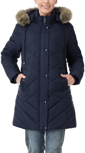 Women's Long Warm Winter Coat Windproof Thickened Fleece Lined Down Jacket Waterproof Puffer Outerwear with Removable Hood - color: Navy, size: Small