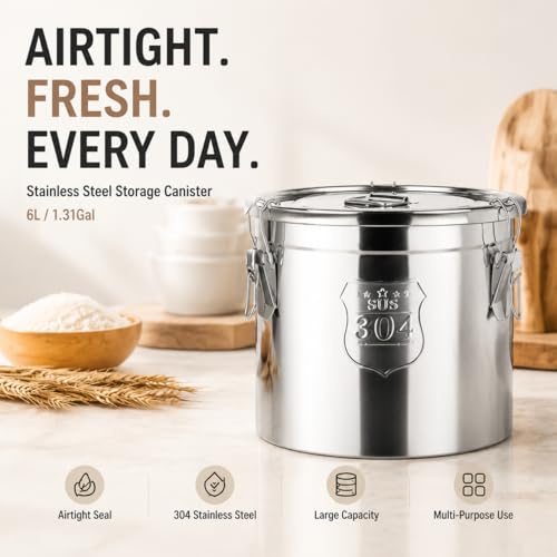 6L/1.31gal Stainless Steel Airtight Canister, Food Storage Canisters with Airtight Lid&Locking Clamp, Metal Cannister Withlid Rice Cereal Grain Canister Container Storager Bucket for Flour,Coffee Bean - color: 6L