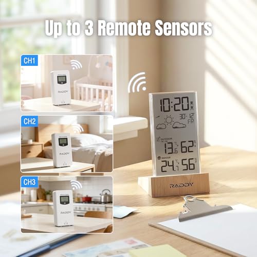 Raddy V5 Wireless Weather Station, Indoor Outdoor Thermometer & Hygrometer, Battery Powered Temperature Humidity Monitor, 5.0" LCD Display, 12-Hour Forecast, Frost Alert, Remote Sensor