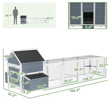 PawHut Extra Large Chicken Coop with 2 Nesting Box, 156" Wooden Hen House Poultry Cage with Extra Long Run Cage, Waterproof Wave Roof, Perches, Swings, for 10-15 Chickens, Rabbits, Ducks, Light Gray