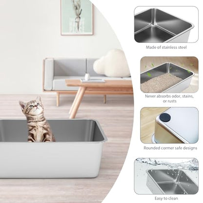 WENBOKMIN Stainless Steel Litter Box - Cat Litter Box Easy to Clean, Never Absorbs Odor, Stains, or Rusts - Silver (17.7" L x 13.5" W x 6" H) - size: 17.7" L x 13.5" W x 6" H