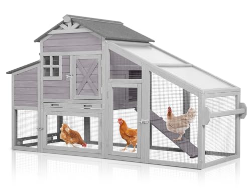 Chicken Coop with Wheels Wooden Outdoor Chicken House Easy Cleaning with Nesting Box, Deeper Leakproof Pull-Out Tray and UV Proof Panel Roof - Reinforced Version