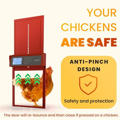 Okkobi Automatic Chicken Coop Door Solar Powered - LCD Display - Chicken Coop Door with Remote Control, Light Sensor & Timer - Security & Peace of Mind: Anti-Pinch Function - 5-Year Protection - Red - color: Red