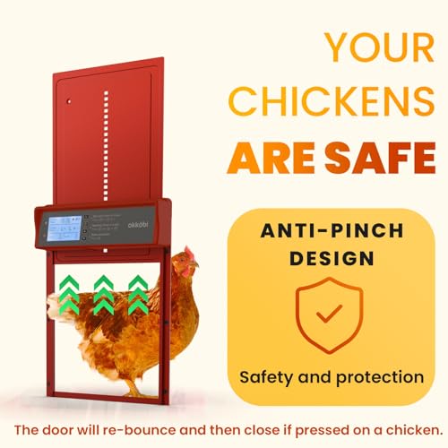 Okkobi Automatic Chicken Coop Door Solar Powered - LCD Display - Chicken Coop Door with Remote Control, Light Sensor & Timer - Security & Peace of Mind: Anti-Pinch Function - 5-Year Protection - Red - color: Red