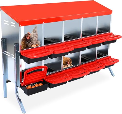Chicken Nesting Boxes,10 Compartment Nesting Boxes for Laying Eggs with Legs,Wall Mount Poultry Roll Away Chicken Laying Boxes,Easy Egg Collection,Cleanable Pull Out Hen Roosting Boxes - color: Red