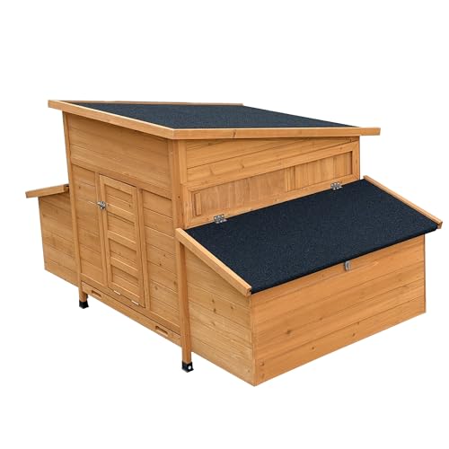 Large Wooden Chicken Coop with Waterproof Asphalt Roof, Fir Wood Poultry House with 6 Nesting Boxes & Ramp, Outdoor Weatherproof Hen Cage with Removable Tray for 6–8 Chickens